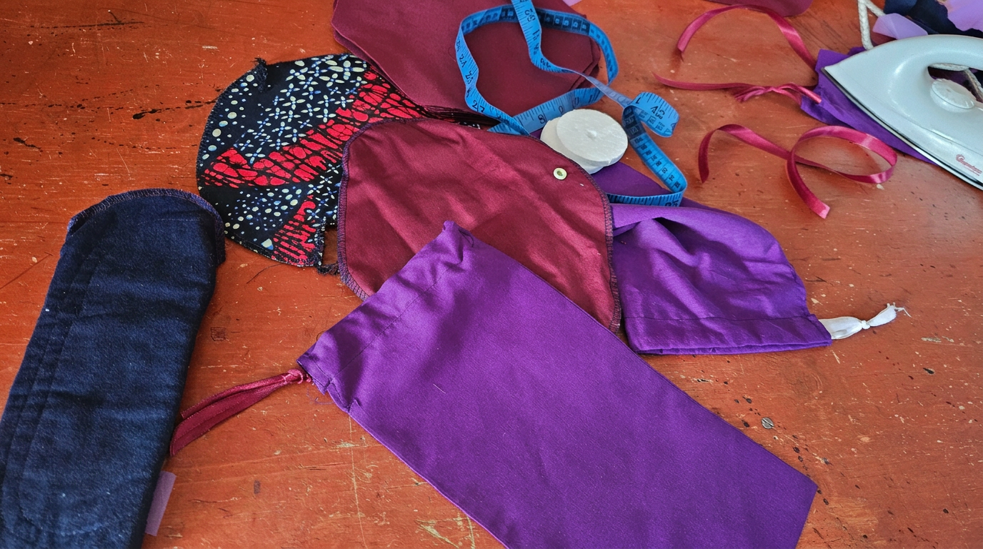 Inside a HopeKit — reusable cloth pads, underwear, and purple carrying pouch handmade by Kenyan seamstresses