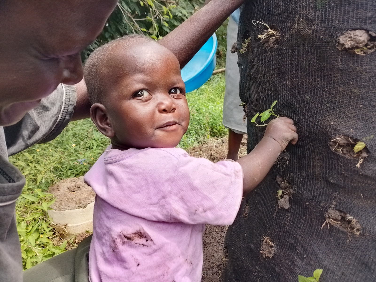 Kenyan toddler reaching toward a Garden Tower