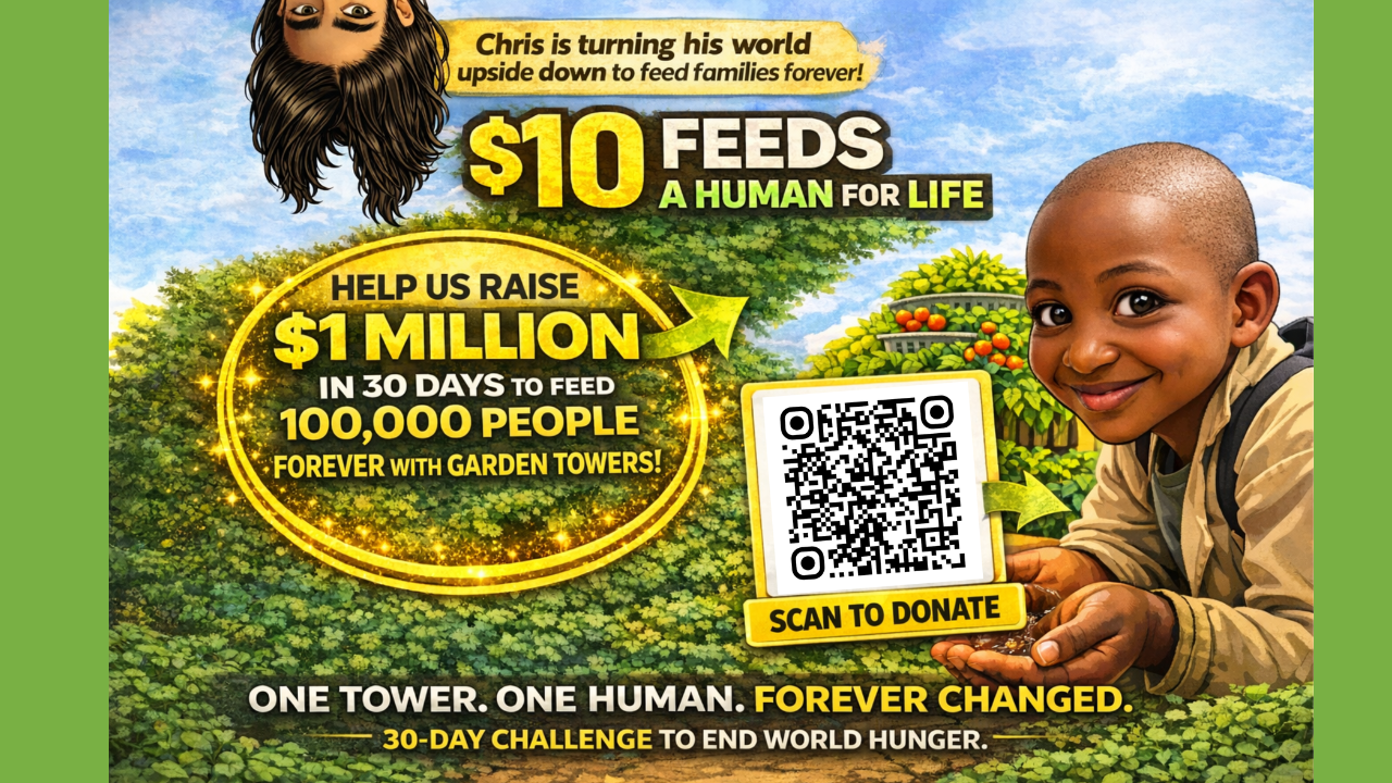 $10 feeds a human for life — Help us raise $1 million in 30 days to feed 100,000 people forever with Garden Towers