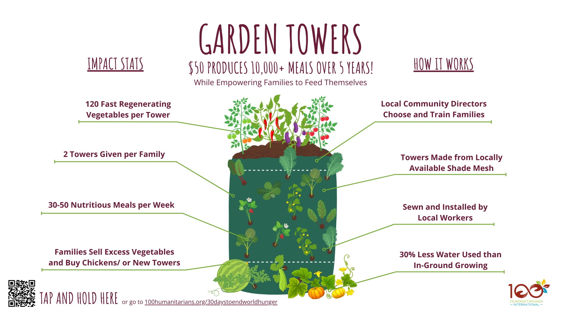 Garden Towers infographic — $50 produces 10,000+ meals over 5 years. 120 vegetables per tower, 2 towers per family, 30-50 meals per week, 30% less water.