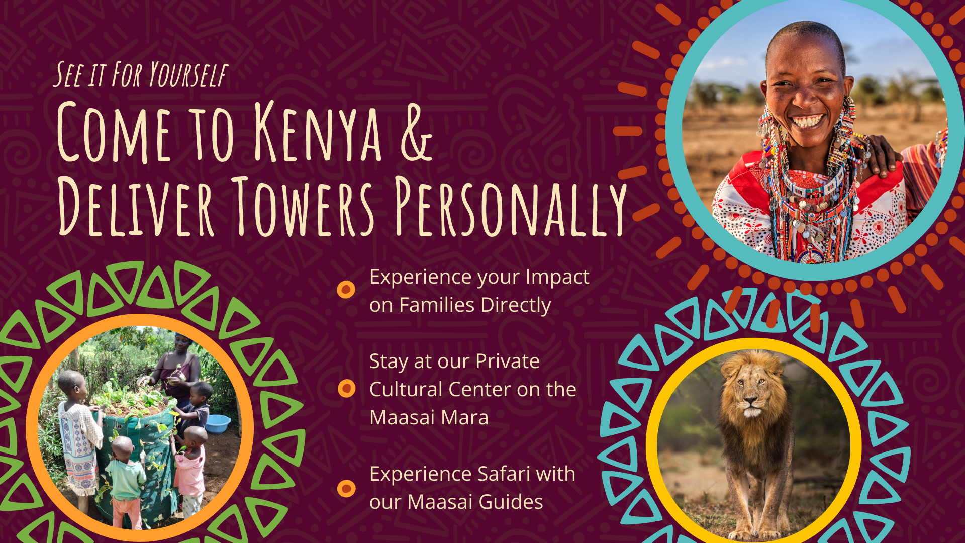 Come to Kenya and deliver towers personally. Experience your impact on families directly.