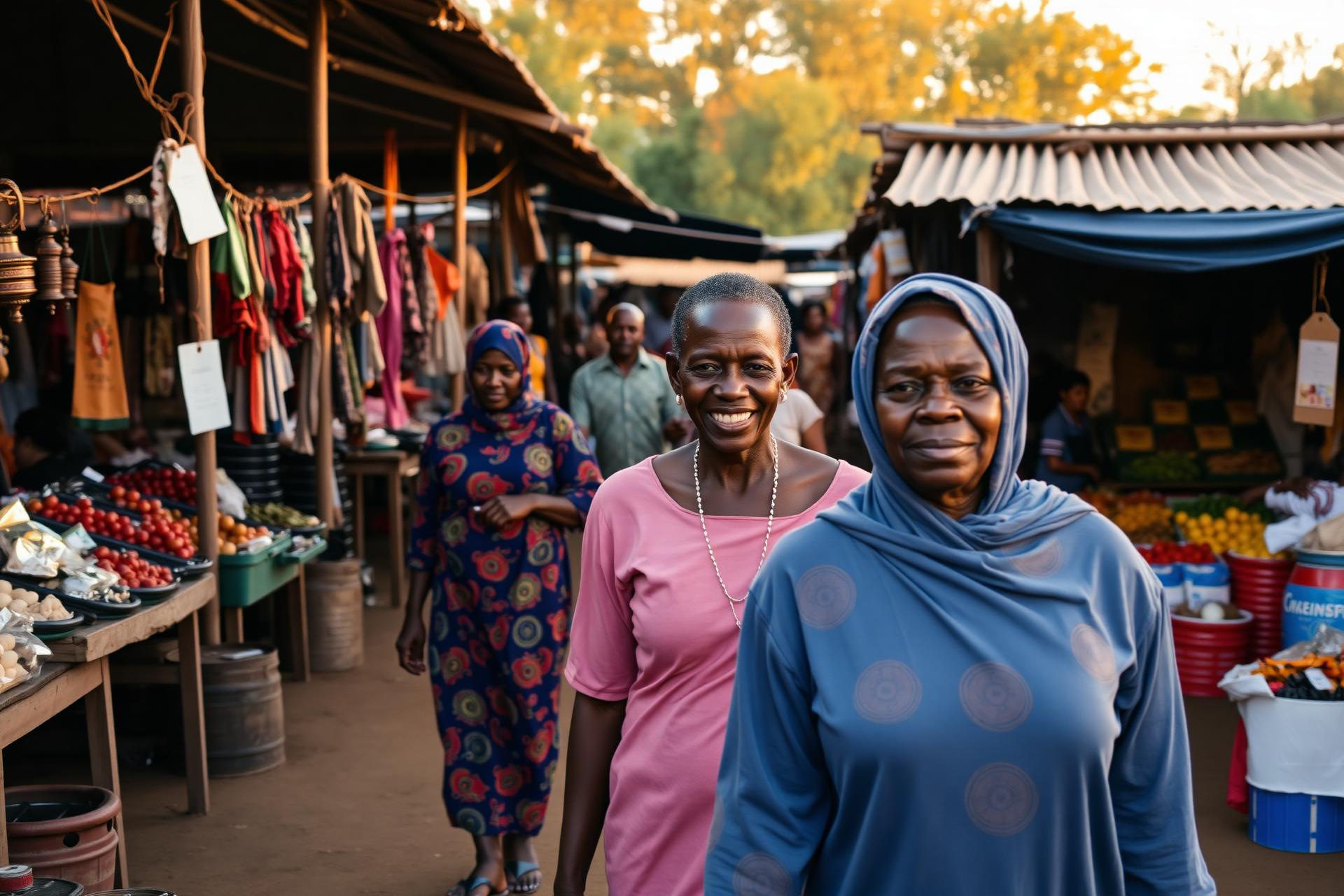 Kenyan women walking through their village market at golden hour