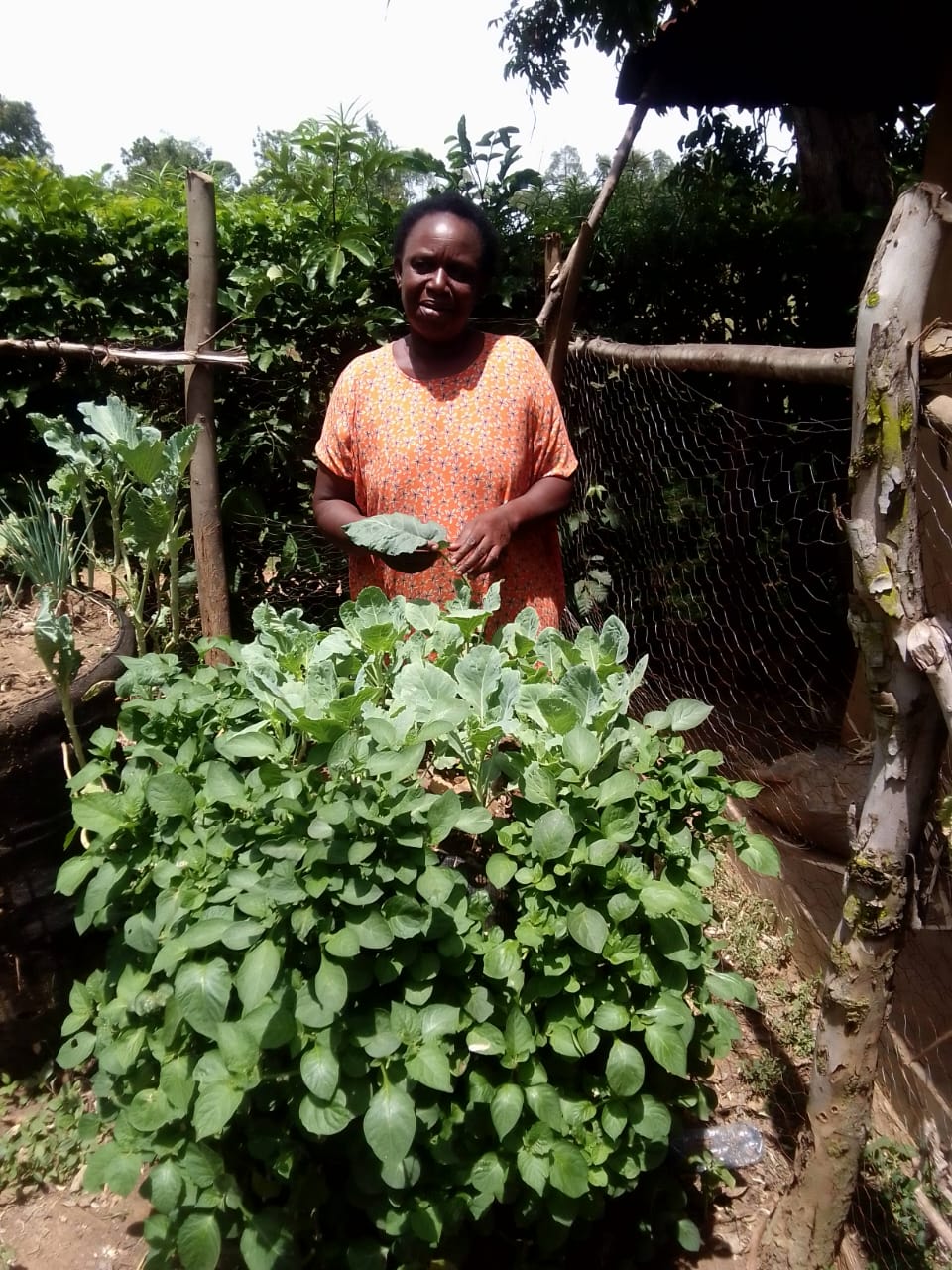 A woman in Kenya beside her thriving Garden Tower